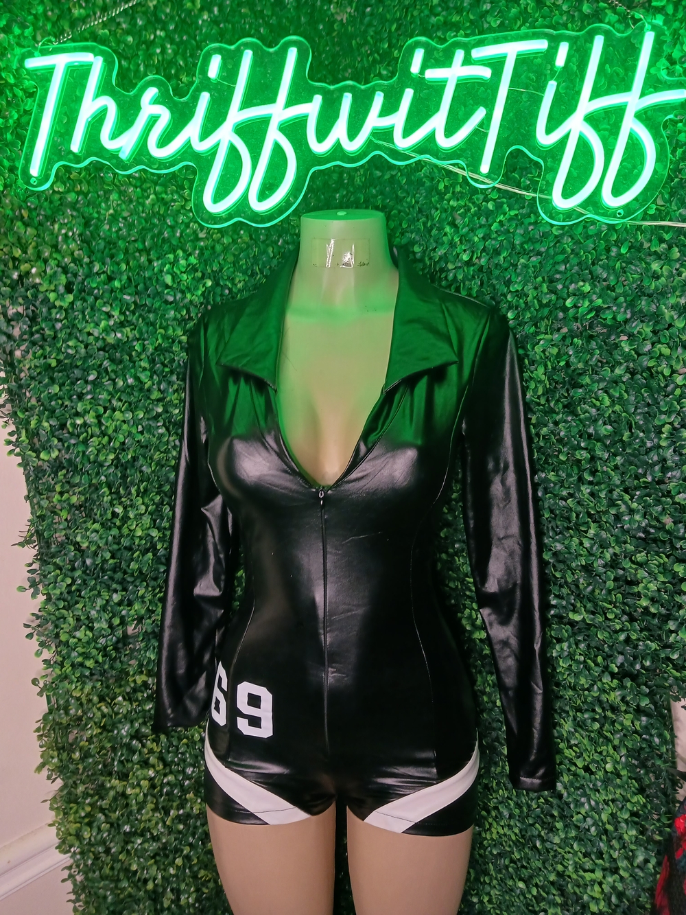 Black Faux Leather Zipper Romper with White Number Detail